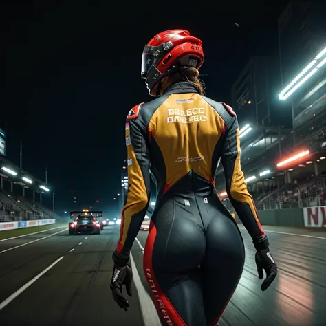 Masterpiece, highest quality, rear angle, Highly detailed photo of a (female race driver wearing red and black race suit, helmet, with tinted face shield, rebreather, accentuated booty), athletic body, big ass, [wide hips], (walking an watching all auidenc...