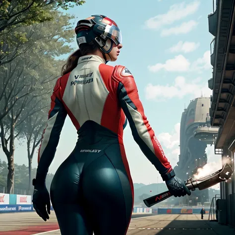 Masterpiece, highest quality, rear angle, Highly detailed photo of a (female race driver wearing red and black race suit, helmet, with tinted face shield, rebreather, accentuated booty), athletic body, big ass, [wide hips], (walking an watching all auidenc...