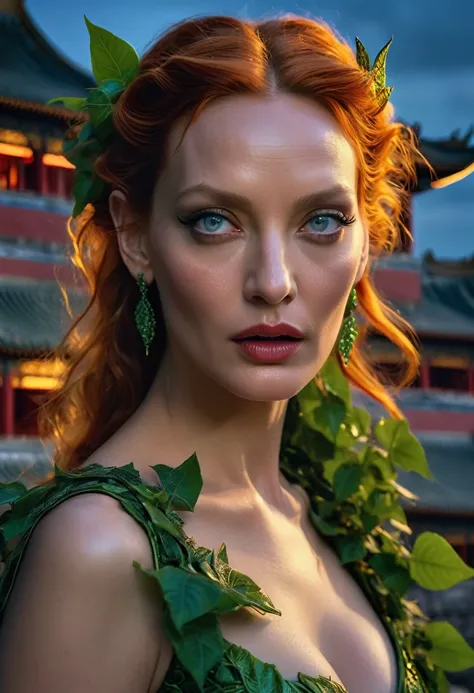 Ultra realistic extremely beautifully detailed 8k, young uma Thurman, 
picture of 1 gorgeously cute and cool woman uma poison ivy exploring a forbidden city at night, extremely detailed eyes mouth and facial features, gorgeous breathtaking composition and ...