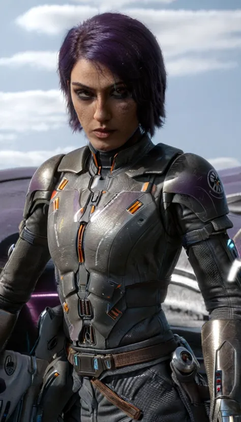 professional 3d model cinematic scene, sabine wren, silver armor (huge breasts), ghost in the shell, detailed background, master...