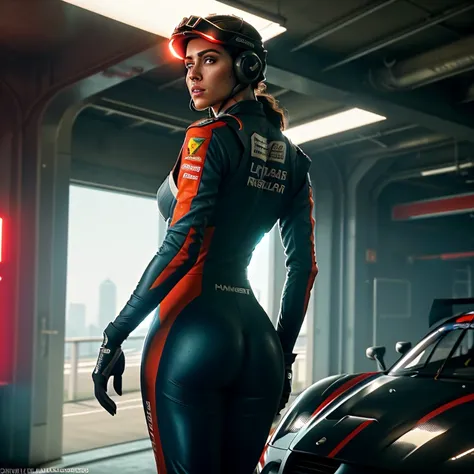 Masterpiece, highest quality, rear angle, Highly detailed photo of a (female race driver wearing red Ferrar race suit, helmet, with tinted face shield, HANS Device, accentuated booty), athletic body, big ass, [wide hips], (walking an watching all auidence ...