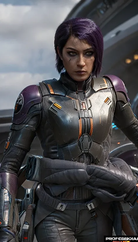 professional 3d model cinematic scene, sabine wren, silver armor (huge breasts), ghost in the shell, detailed background, master...