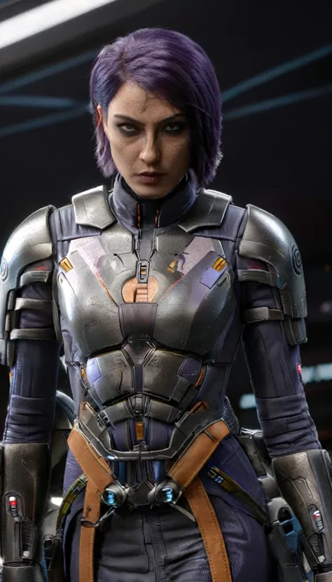 professional 3d model cinematic scene, sabine wren, silver armor (huge breasts), ghost in the shell, detailed background, master...