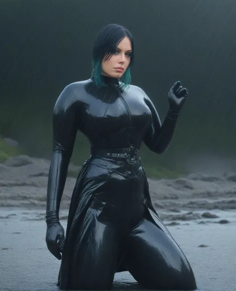 score_9,score_8_up,score_7_up,score_6_up, trilla,green eyes,black hair, upper body, wet, armor,gloves,black bodysuit,black cape,...