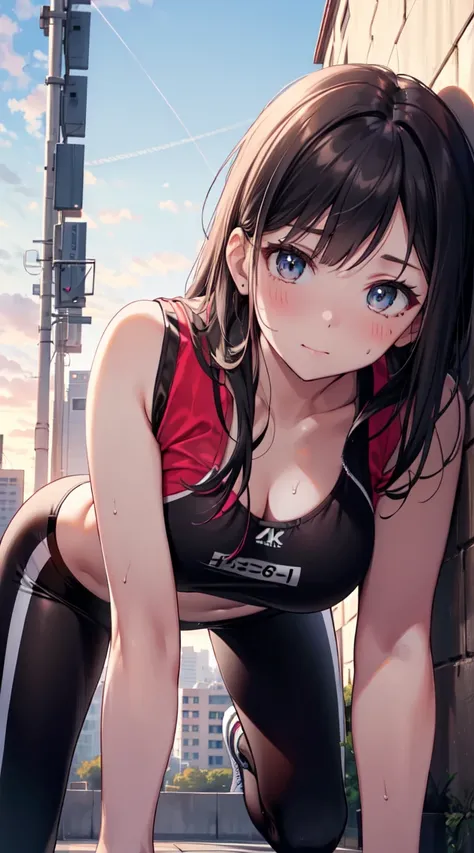 (Best quality at best, 4K, 8K, A high resolution, tmasterpiece:1.2), ultra - detailed, Nice face, detailedfacialfeatures, Breast size is moderate, Realistic skin, Wear a sports bra, Black leggings, jogging, Sweated, the sunset.(medium chest medium chest)，(...