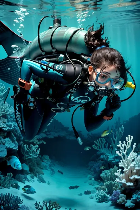 a professional diver exploring underwater, wearing a diving suit and carrying diving equipment, surrounded by colorful coral and...