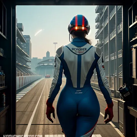 Make 10Masterpieces, highest quality, rear angle, Highly detailed photo of a (female race driver wearing red Ferrar race suit, helmet, with tinted face shield, HANS Device, accentuated booty), athletic body, big ass, [wide hips], (walking an watching all a...