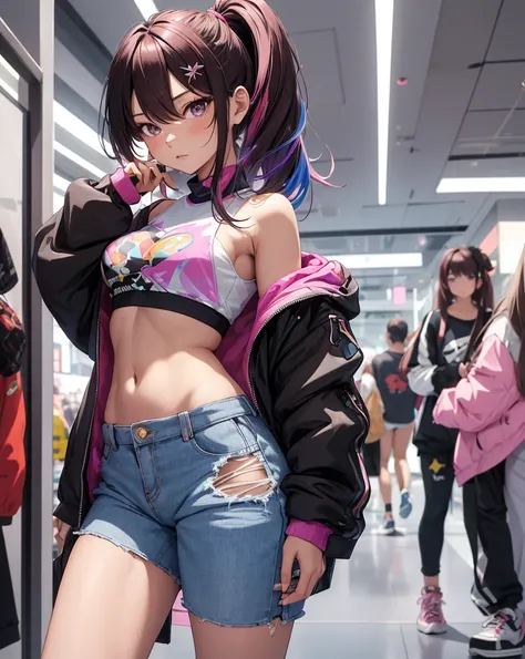 ((master part)), best quality, absurderes, ultra detaild, Holographic, cowboy shot, proportion Aurea, super cute girl,  Madura, Idol girl, Super beautiful asian girl with very cute violet bright eyes, Beautiful multicolored bright brown hair, high ponytail...