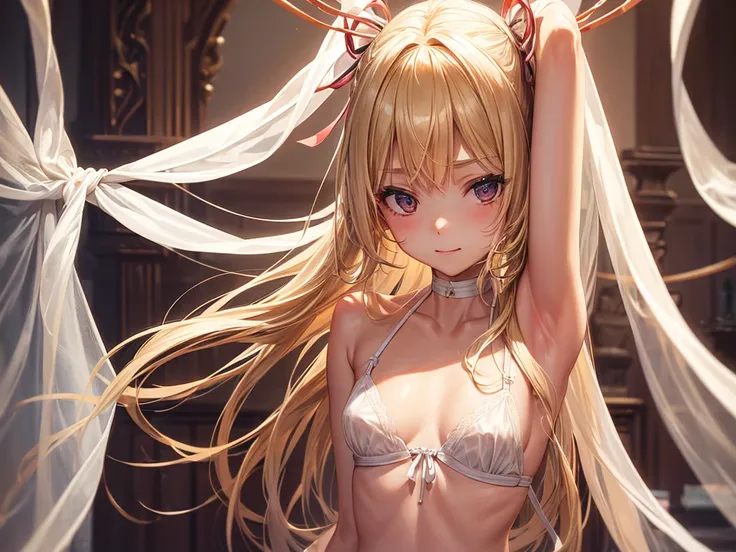 (depict   young girl in bondage, long blond hair, straight hair), bedroom, small  breasts, shy, happy, wearing white lingerie (((bondage))), (bound with ribbons), (arms behind  back), ribbons around chest), (Masterpiece, Excellent, complex details),  delic...