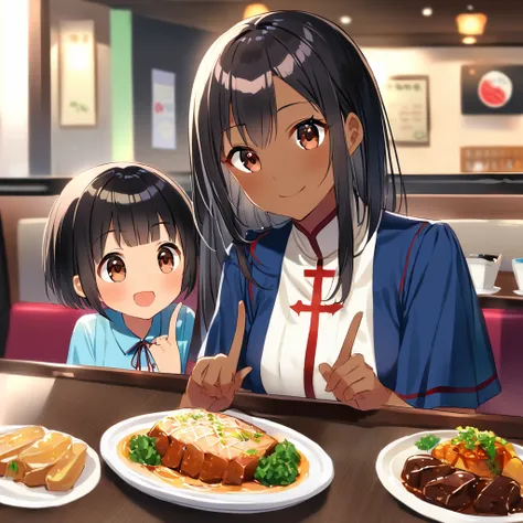 A confident smile, Taking photos at a restaurant on the way home from school,Sounds like fun,短いBlack Hair, Brown eyes,Brown Skin,2 students、Use a gesture commonly associated with the peace sign when speaking (Tele from the restaurant), skirt, Black Hair, i...