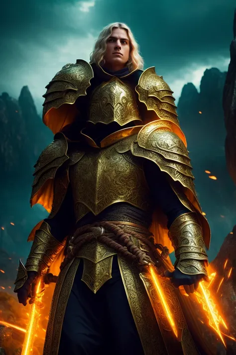 a huge imposing imperial paladin-battle mage hybrid,detailed intricate golden armor,flowing robes,powerful aura,wielding a massive glowing greatsword,radiant energy emanating,intense determination in eyes,standing atop a rocky outcrop,dramatic lighting,epi...