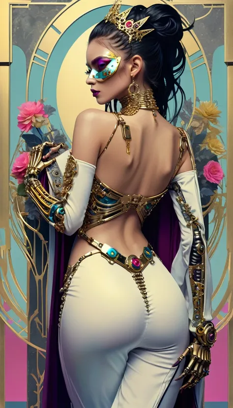 tarot card, chiaroscuro technique on sensual illustration of an queen of sword, a teenage fashion model wearing an exo-skeleton mask, vibrant colors, futuristic cyberpunk style, intricate details, cinematic lighting, dramatic pose, an elegant complex bio m...