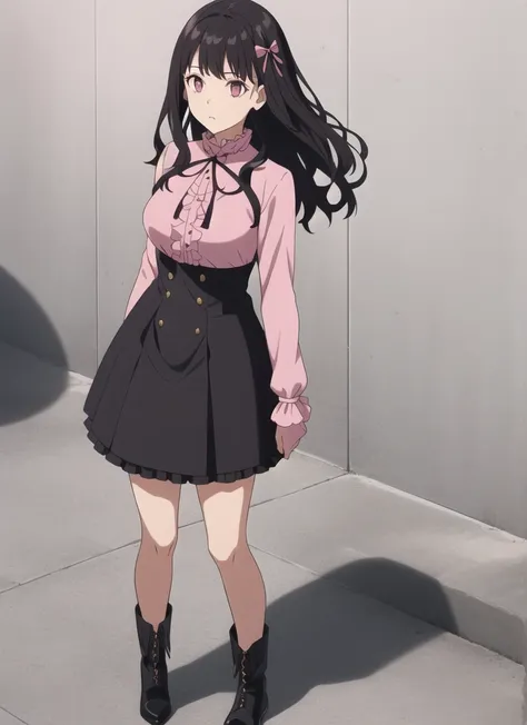 1girl, fullbody, black skirt, black boots, pink blouse, dark hair, wavy hair, ruffles on skirt, short skirt, ribbons, hair ribbons