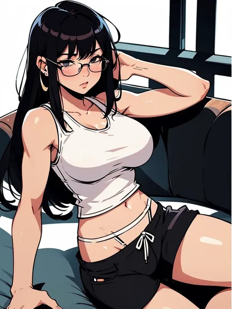 Woman, hot fit body, thick breast, straight beat hair with long bangs, round glasses, tight white tank top, black pajama shorts, sitting and laying back, blush, 