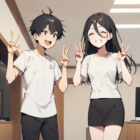 A confident smile, Two students demonstrating a gesture commonly associated with a peace sign while speaking by, slacks, Black Hair, indoor, in, skirt, shirt, ((((complete fiine fingers))))