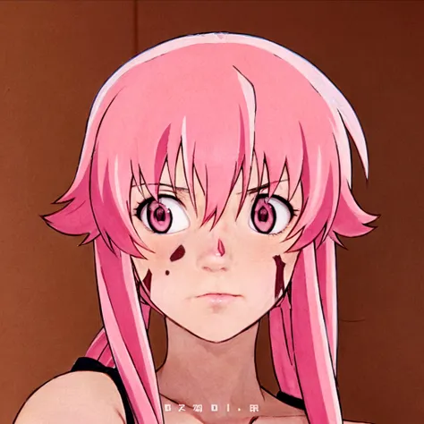 anime girl with pink hair and pink eyes staring at the camera, mirai nikki, anime girl named gasai yuno, gasai yuno, gasai yuno, ((pink)), as an anime character, in an anime style, anime character, in the art style of 2012 s anime, hyperrealistic anime sty...