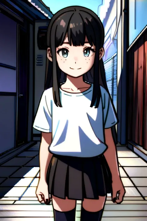 13-year-old girl with a small nose, bright eyes and a smile in a white t-shirt with medium-sized freckles with the t-shirt tucked in and a short gray short skirt with knee-high stockings in low black sneakers