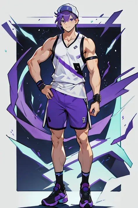 Young man, PURPLE HAIR, blue cap, purple eyes, white sleeveless shirt, shorts azules