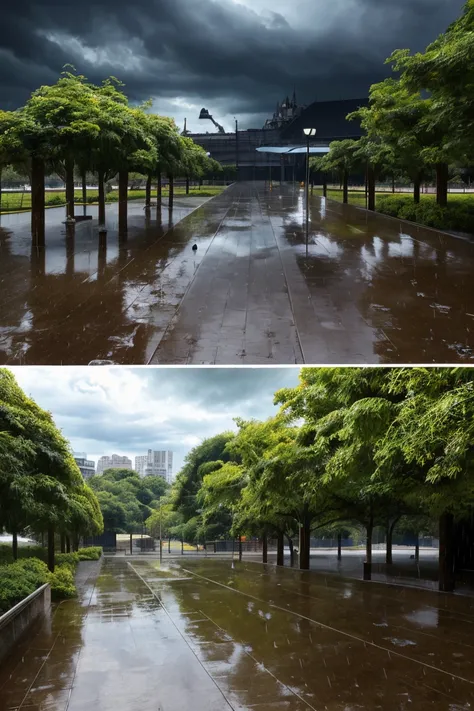 (high quality), (Realistic photos)、Uninhabited park、((rain park:1.5))、((Dark rainy sky:1.4))、Daytime、