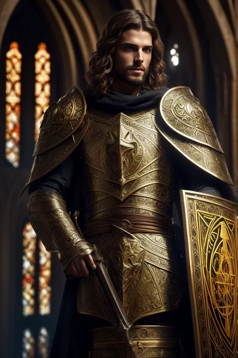 a handsome breton paladin worshiper of arkay,highly detailed male face with beautiful eyes and lips,ornate holy armor, glowing holy aura, dramatic lighting, divine energy, golden accents, fantasy cathedral interior, stained glass windows, volumetric lighti...