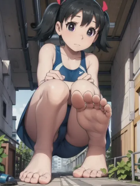 facial details, masterpiece, cinematic angle, drsizukachan1,,dress, Shizuka Minamoto, (1 girl, alone, black hair, black eyes, twin tails,  competition swimsuit, barefoot, looking at viewer, in the center of image (close-up), feet, soles, toes, in a decrepi...