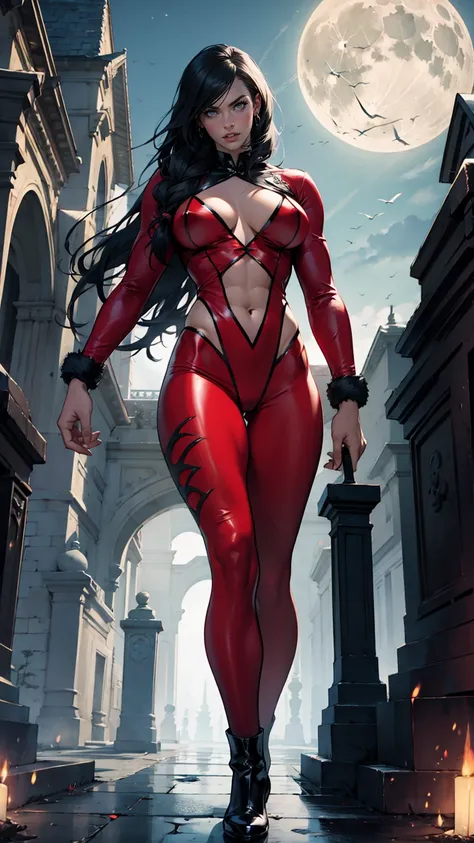 Megan fox as Vampirella, (wearing a red vampirella outfit:1.25), (muscular physique, pale skin, red glowing eyes:1.25), walking down a cemetery on a moonlit night, full moon, dark gothic atmosphere, thin legs, Realistic, Very detailed face and eyes, (maste...