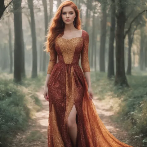 The most beautiful red haired girl big breasts in dress with mashup orange, yellow and red color on the dress, elegant dress, fire dress, dress with three colors, unique, magic dress 