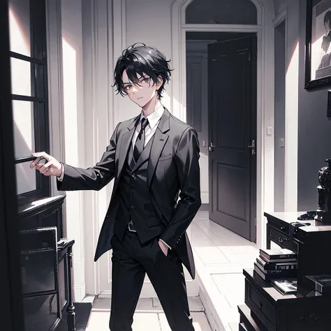 a handsome man with black hair, gray eyes, elegant facial features, serious expression, wearing a black suit, standing in a dark room with dramatic lighting, cinematic camera angle, highly detailed, photorealistic, award-winning portrait, chiaroscuro light...