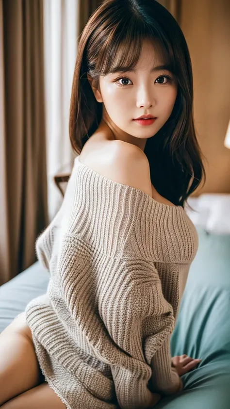 best quality ,masterpiece,ultra high res,(photo realistic:1.4), 1 girl, looking at viewer, Wearing oversized off-shoulder knit over lingerie, korean famous actress, very beautiful,kawaii, Cinematic, 35mm lens, f/ 1. 8, accent lighting, 8k, at luxury hotel