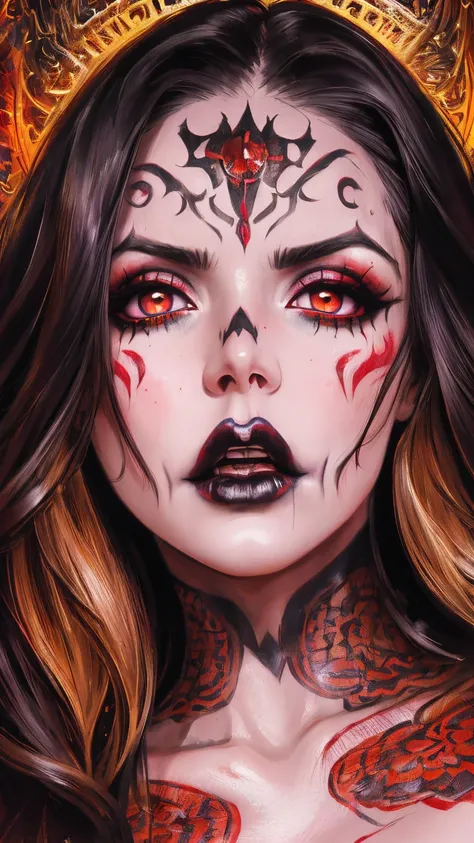 Full body portrait, from below, demoness, full body portrait, kendralustlora, succubus, day of the dead facepaint and bodypaint, scary detailed art in color, rage, fury, angry expression, busty, curvy hips, sexy, alluring, erotic posing with open legs, low...