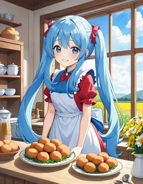 Light blue long hair、Beautiful girl with twin tails、Bright kitchen、Outside the window you can see a flower field、Making croquettes happily、Bright smile、