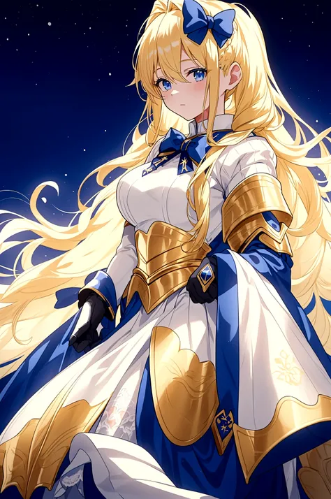 19 years old young girl with long golden blonde hair and dark blue eyes. hair is tied up on both sides of her head and in a long braid with a white lace bow tied at the end. very white skin and wears gold full armor over a dark blue uniform with a blue cap...