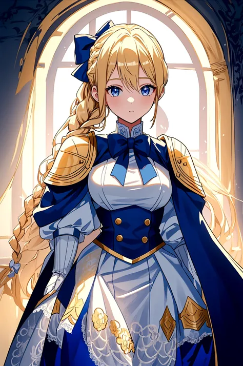 19 years old young girl with long golden blonde hair and dark blue eyes. hair is tied up on both sides of her head and in a long braid with a white lace bow tied at the end. very white skin and wears gold full armor over a dark blue uniform with a blue cap...