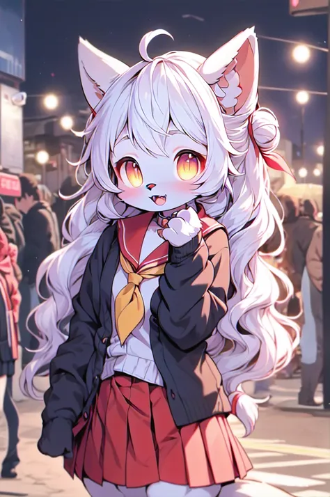 1 furry feline cat girl , himiko toga , double bun, sidelocks,  sailor collar, red neckerchief, slit pupils, sharp teeths, pleat...