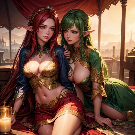 a girl, 1girl, elf, redhead long hair, breasts, long pointed ears, bright green eyes!!!, green eyes!!!, serious face, sexy red crop top, deep neckline, sexy red skirt, fire magic, full body, full body, tent, very sexy body, detailed face, beautiful detaile...