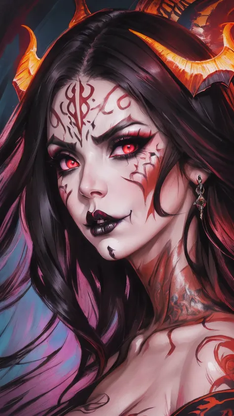 Full body portrait, from below, demoness, full body portrait, kendralustlora, succubus, day of the dead facepaint and bodypaint, scary detailed art in color, rage, fury, angry expression, busty, curvy hips, sexy, alluring, erotic posing with open legs, low...