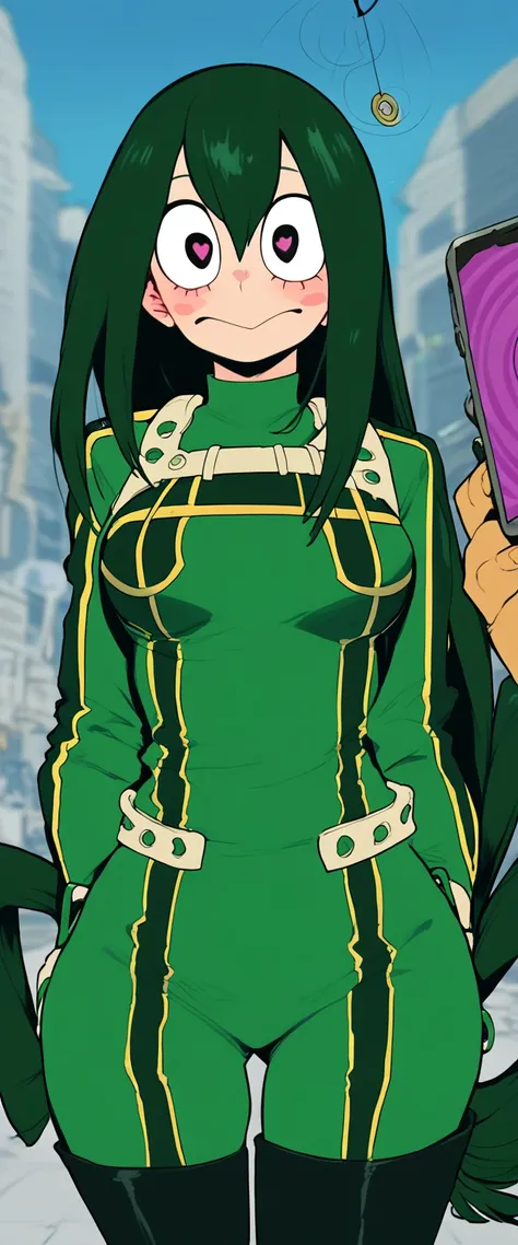 score_9_up, score_8_up, score_7_up, cowboy shot, 1girl, Asui Tsuyu(boku no hero academia), green hair, very long hair, low-tied long hair, tied hair, black eyes, wide hips, medium breasts,  uniform, source_anime, anime style, (hypnosis, standing, street at...