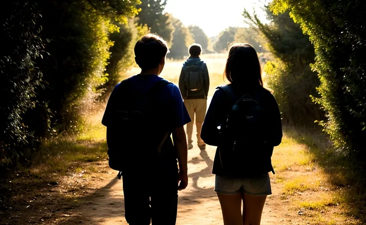 A teenage girl in the middle while 1 middle-aged boy and 1 slightly taller boy are walking away in the darkness with their backs facing me