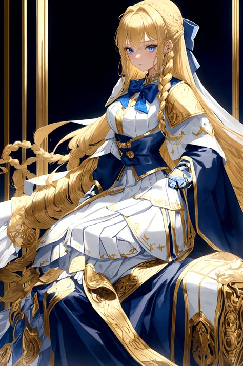 19 years old young girl with long golden blonde hair and dark blue eyes. hair is tied up on both sides of her head and in a long braid with a white lace bow tied at the end. very white skin and wears gold full armor over a dark blue uniform with a blue cap...