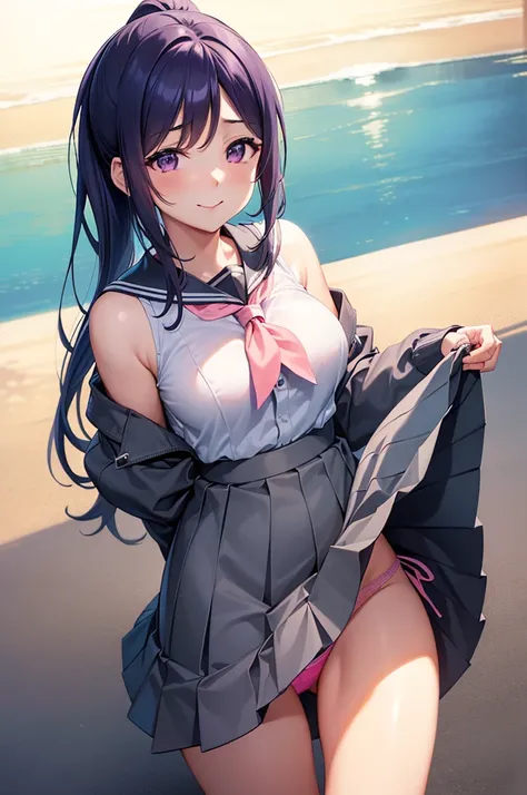 Minamimatsuura, Kanan Matsuura, Blue hair, Long hair, Ponytail, (Purple eyes:1.1), side locks, Blake Aquaneckerchief, grey sailor collar, grey skirt, Miniskirt, neckerchief, Pleated skirt, Sailor collar, sailor shirt, , serafuku, Shirt, Skirt, Summer unifo...