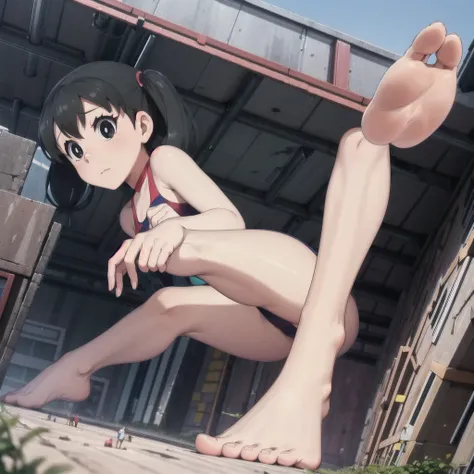 facial details, masterpiece, cinematic angle, drsizukachan1, dress, Shizuka Minamoto, (1 girl, alone, black hair, black eyes, twin tails, competition swimsuit, barefoot, looking at viewer, center of image, feet, toes, in a decrepit underground city in hell...