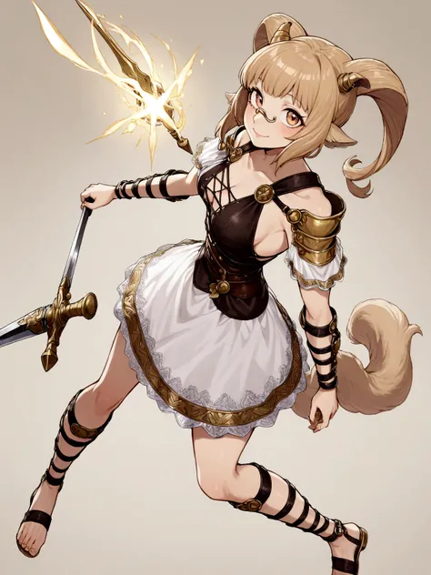 1girl,goat_girl, goat_ears, smile, solo, wearing roman armor, gladiator flat sandals, gladiator skirt, humanoid feet, holding sword, nose ring, septum piercing ring