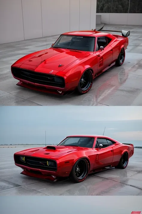 red 1970 dodge charger with big spoiler, motor para fora com body kit (realisitic, 3d)