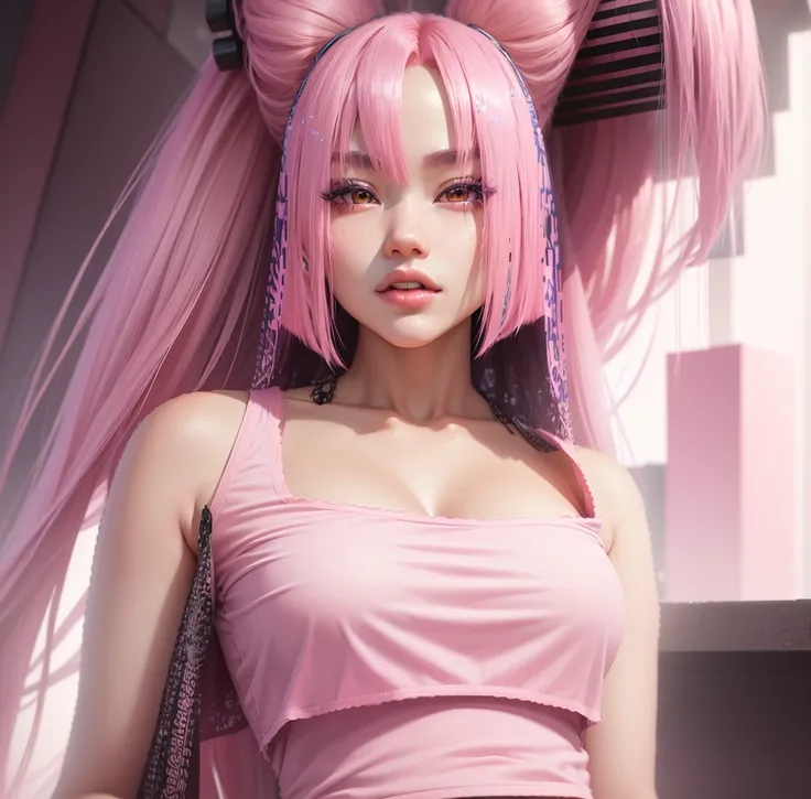 AVATAR SECOND LIFE Korean girl wearing a tank top, Asian, pink long hair, pink  hair,, Perfect and detailed face, imvu, maximalist details, AVATAR SECOND LIFE Korean blusa , neon, blusa azul, pink  hair