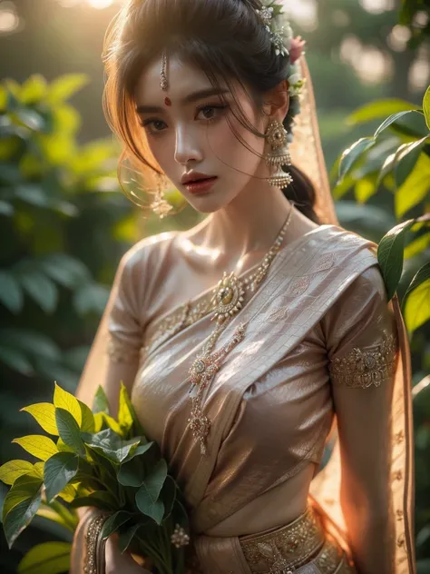 From a close-up angle, a woman in an Indian sari is seen in a tantalizing pose under the embracing dusk, within a verdant garden. Her allure is understated yet undeniable. The soft warm lighting complements her mystique. (Close-up angle: 1.4), (tantalizing...