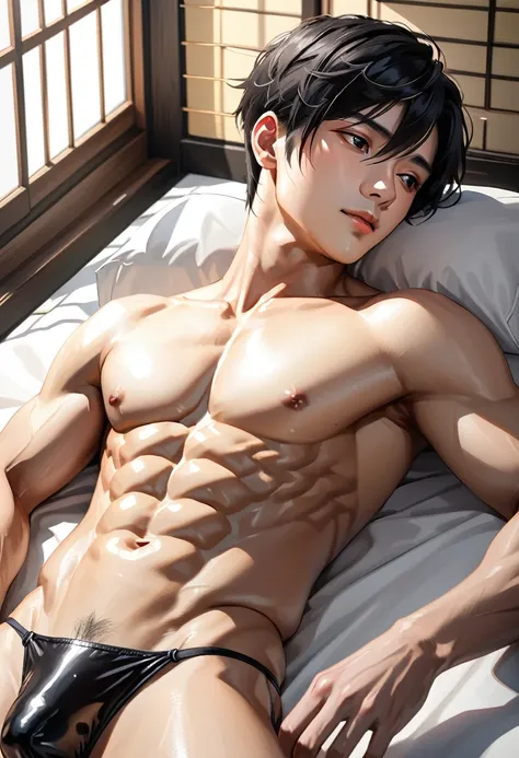 high quality, detailed, Realistic, (one 16 years old japanese boy), (detailed black eyes), (abs:1.5), (shiny skin), detailed nipples, black hair, (black tiny thong), (erected bulge), summer noon, (smile:0.7), close up face, laying on my side shot,