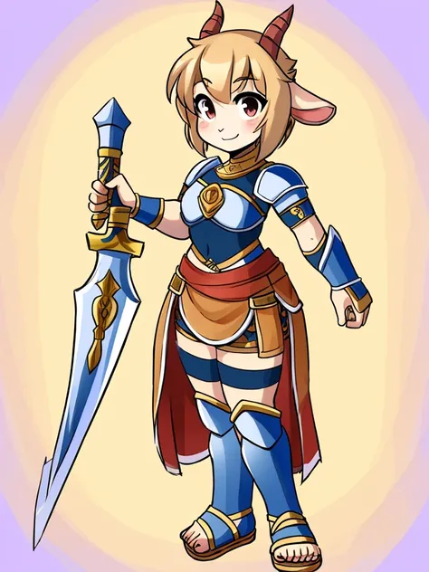 1girl, furry, furry_female, goat_ears, goat_girl, smile, solo, wearing  armor, gladiator flat sandals, gladiator skirt, humanoid feet, holding sword, nosebleed,bloody nose