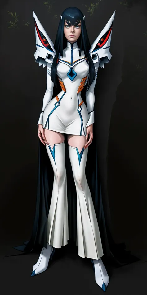 female Satsuki Kiryuin, Satsuki Kiryuin from Kill-la-Kill, mesh stockings, full height, bottom view, best quality, very detailed, ultra 8k resolution,portrait, full body, victorias clothing, long dress, knight, pants, black skin suit, plants, vest, polo sh...