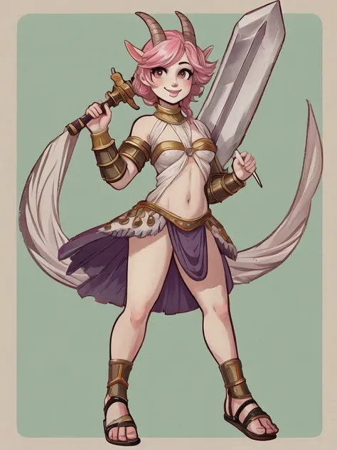 1girl,goat_girl, goat_ears, smile, solo, wearing roman armor, gladiator flat sandals, gladiator skirt, humanoid feet, holding sword, nose ring, septum piercing ring