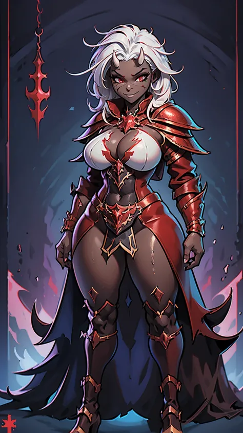 1 girl,dark skin,white armor,red rgb led clothes,huge breasts,open bust,white hair,colored skin,rgb trim,busty,high resolution,4k,futuristic,horns,calamitas,gamer,horns,look atviewer, sinister,smug,hi quality,top quality,perfect body,artstation